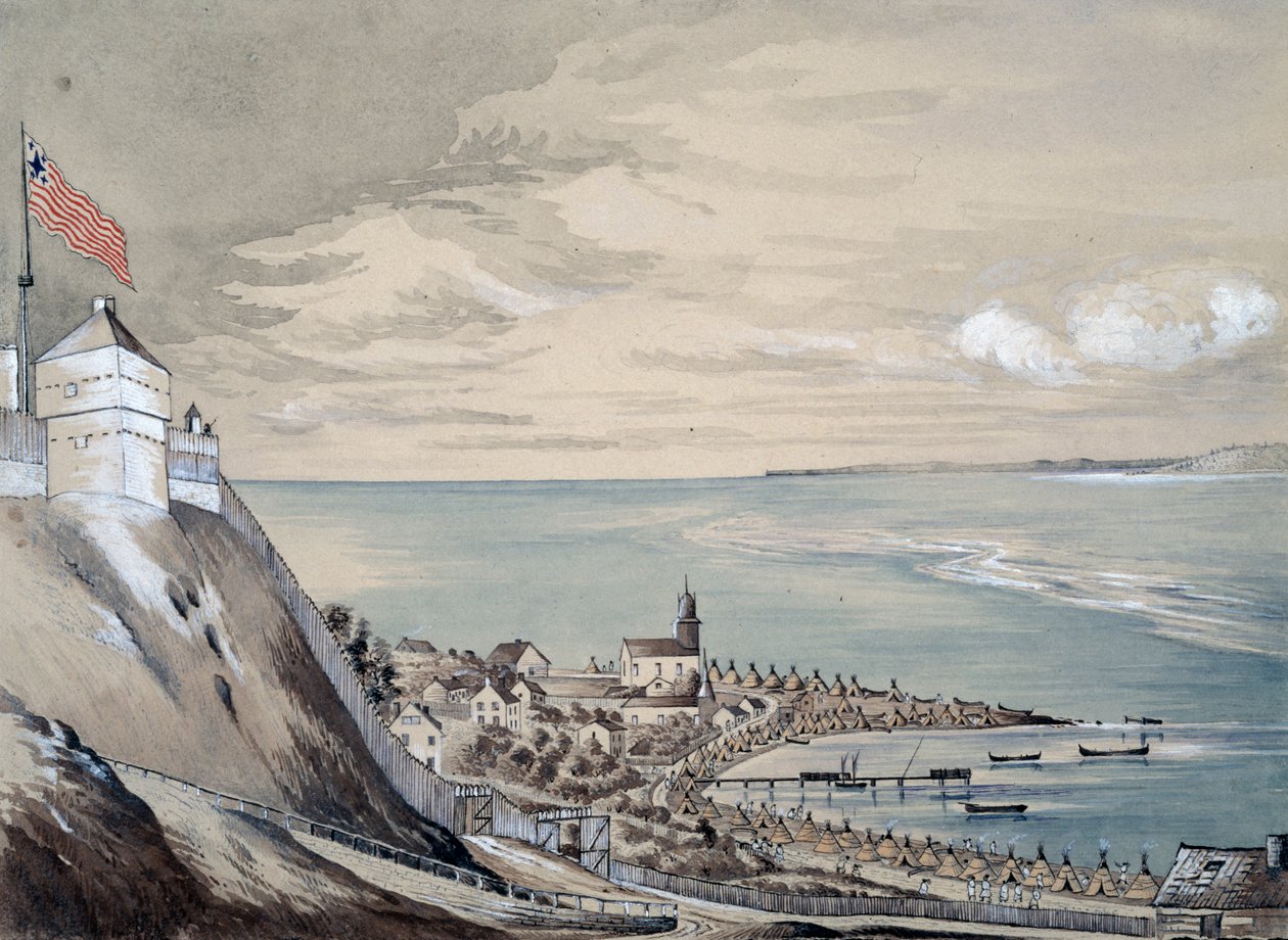 Fort et village de Mackinaw, avec le campement indien, septembre 1842 - Henry Francis Ainslie