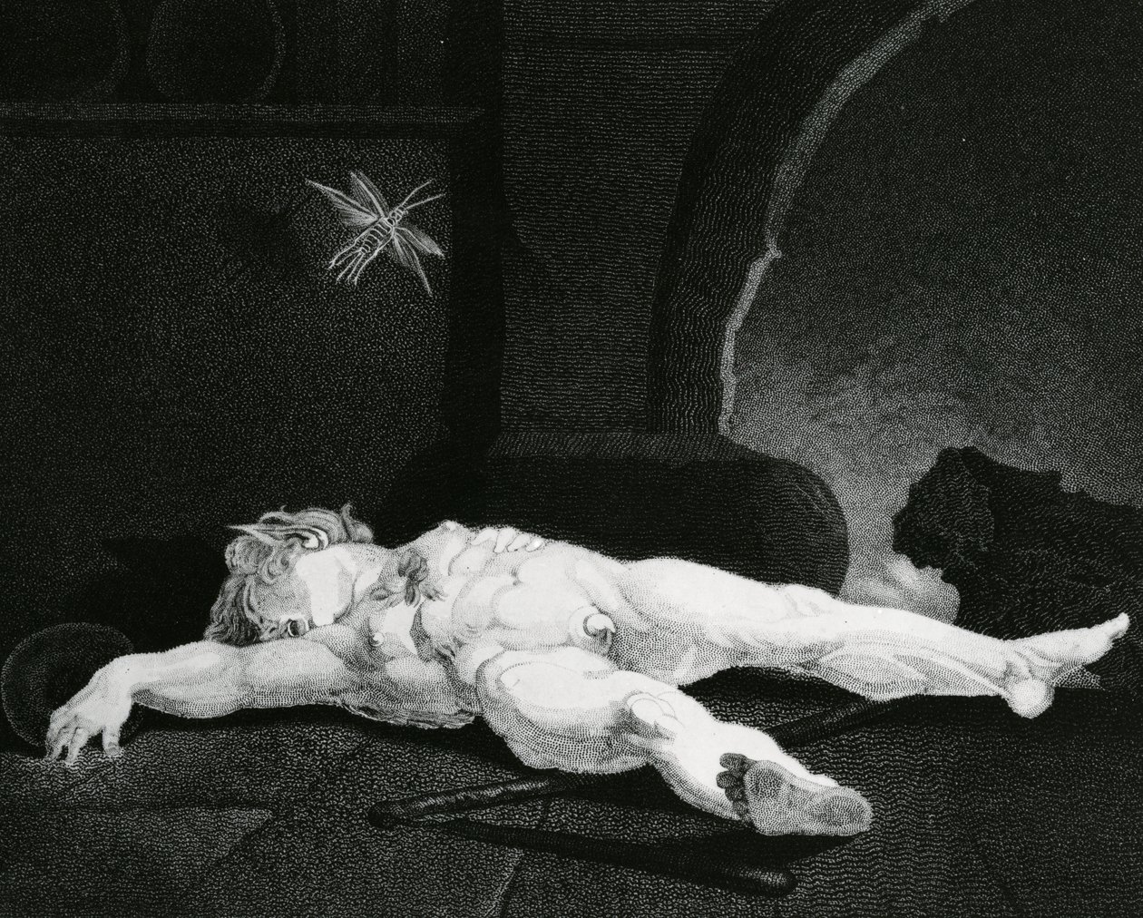 Puck se prélassant endormi devant le foyer campagnard, gravé par Moses Haughton Jr. - Johann Heinrich Füssli