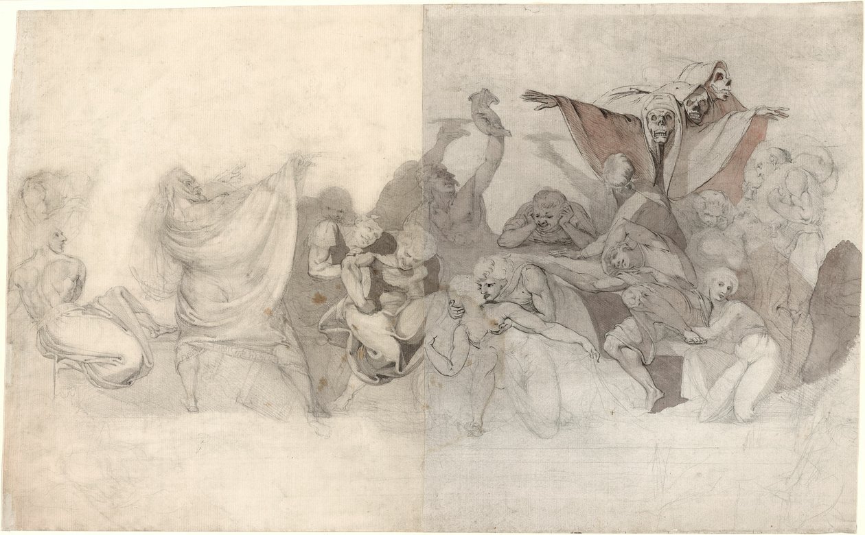 Triomphe de la mort : Trois squelettes envahissant une bacchanale orchestrée par un magicien ou un démon maléfique - Johann Heinrich Füssli
