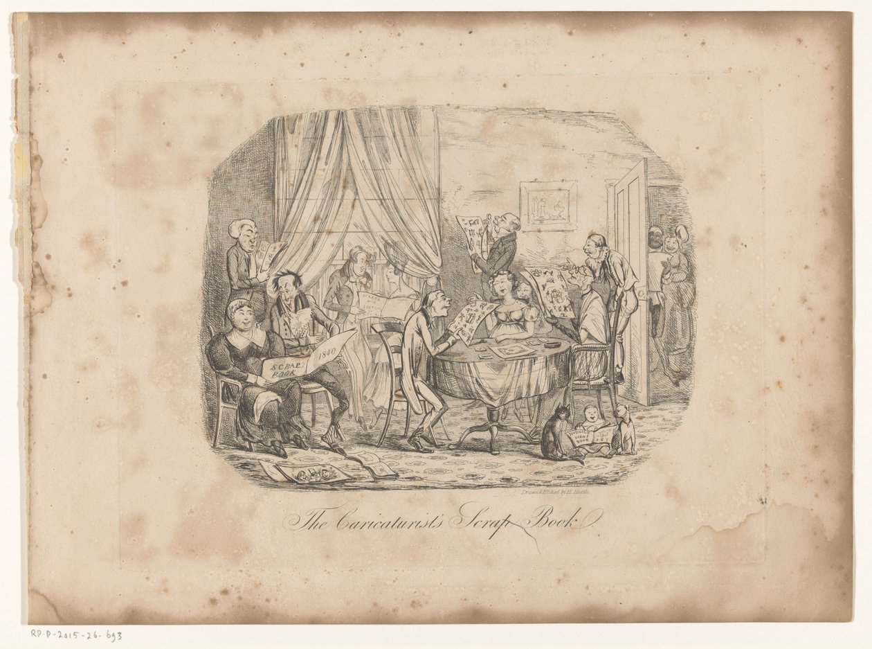 Intérieur avec des gens regardant des pages de The Caricaturist