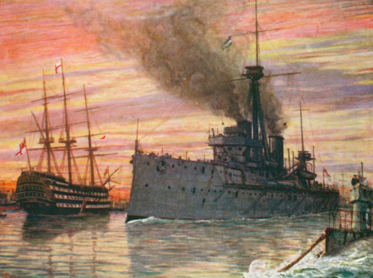 Dans le port de Portsmouth en 1909, le "Dreadnought" et le "Victory" (lithographie couleur) - Henry Justice Ford