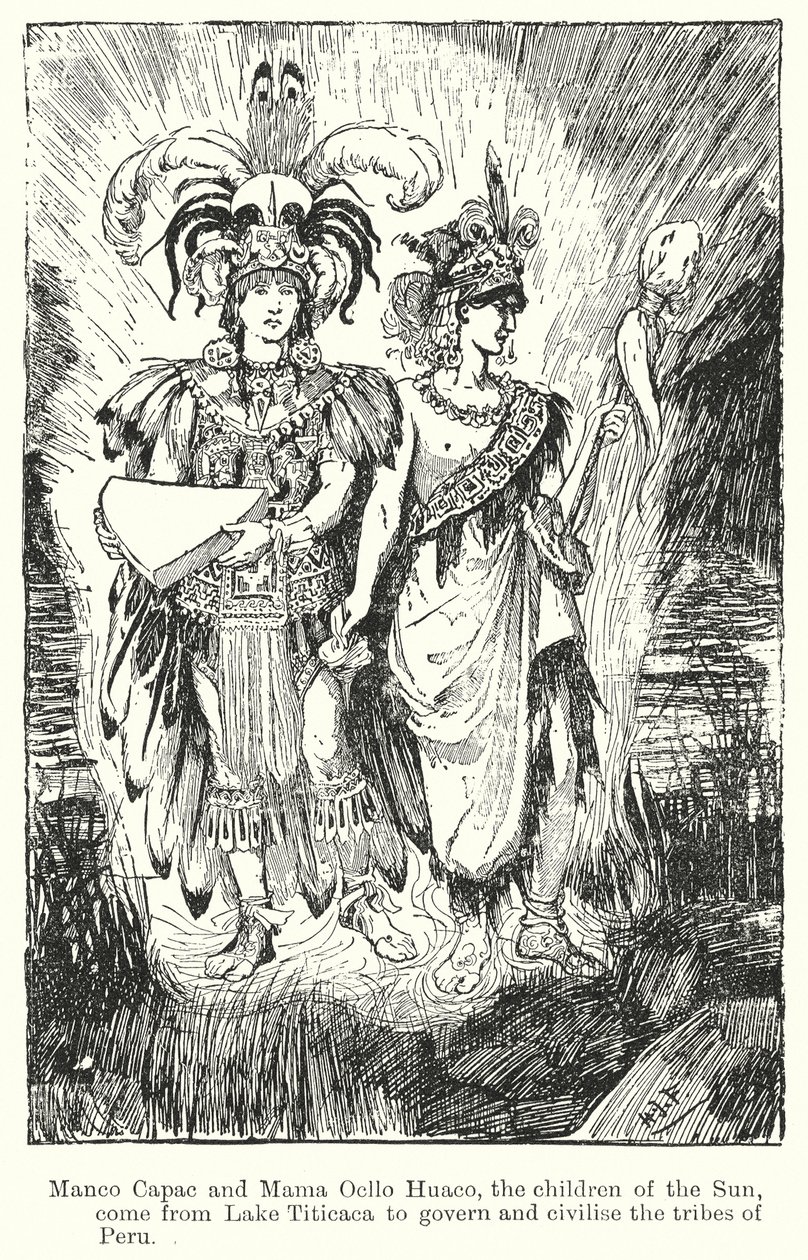 Manco Capac et Mama Ocllo Huaco, les enfants du Soleil, viennent du lac Titicaca pour gouverner et civiliser les tribus ... (litho) - Henry Justice Ford