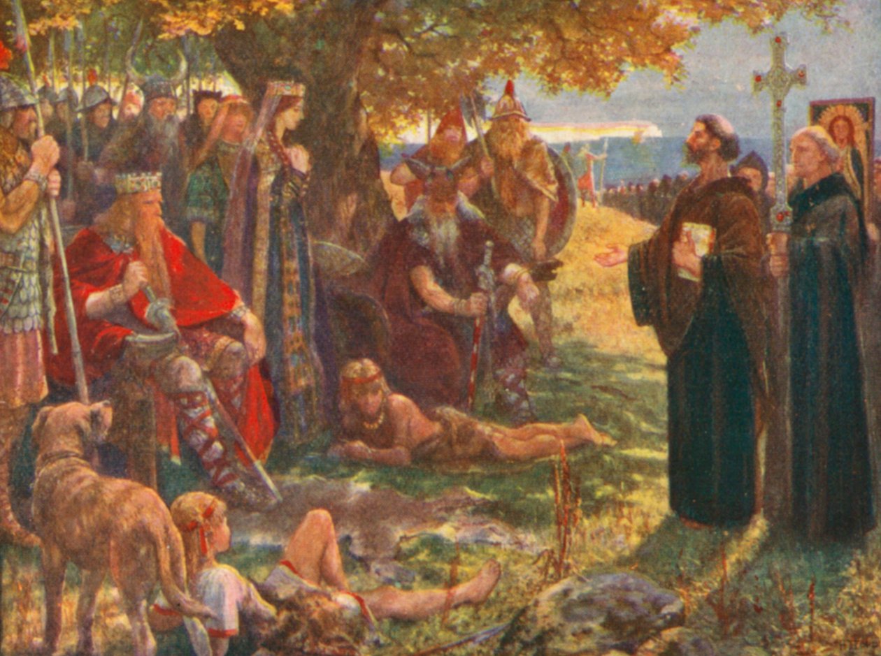 Saint Augustin prêchant à Ethelbert, roi du Kent, et lui montrant la croix et une image du Sauveur (lithographie couleur) - Henry Justice Ford