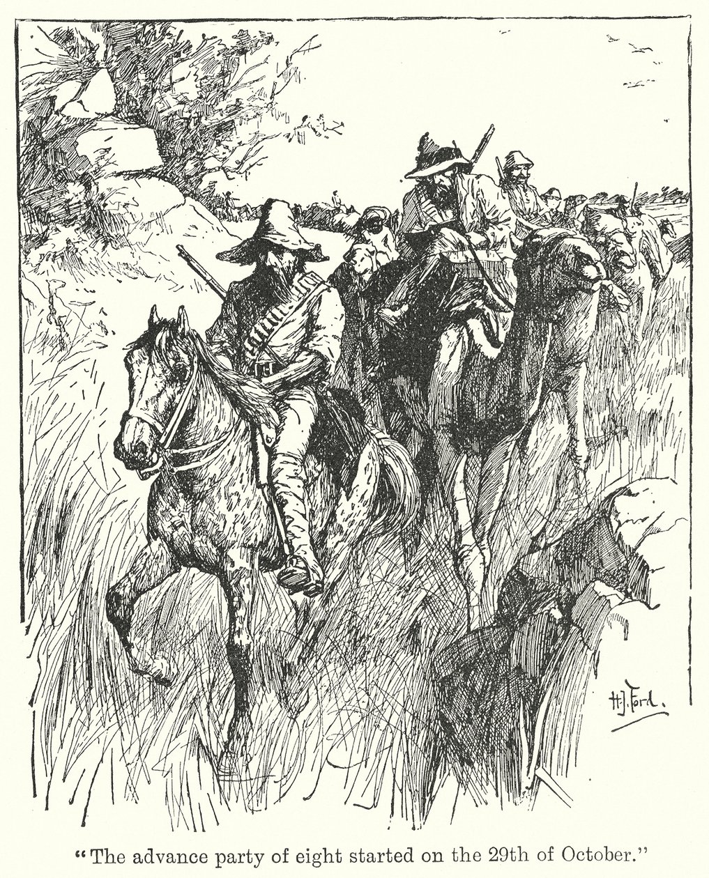 "Le détachement précurseur de huit personnes a démarré le 29 octobre" (lithographie) - Henry Justice Ford