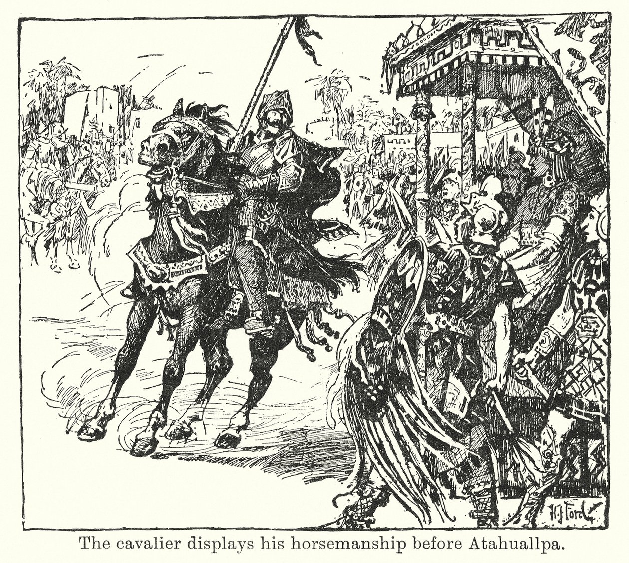 Le cavalier montre ses talents de cavalier devant Atahuallpa (litho) - Henry Justice Ford