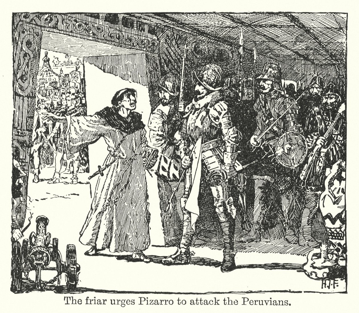 Le frère exhorte Pizarro à attaquer les Péruviens (litho) - Henry Justice Ford