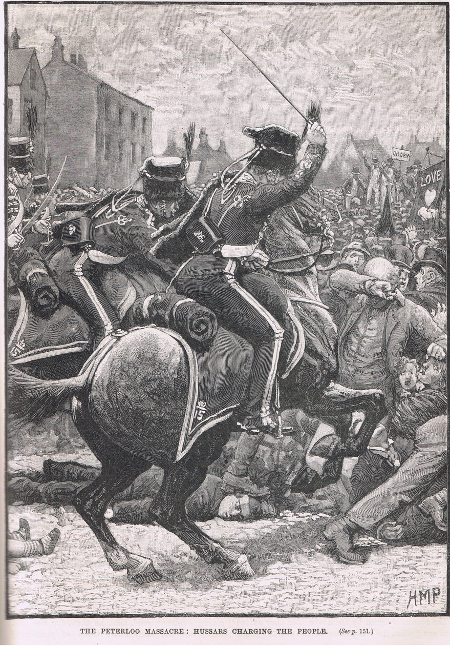 Le massacre de Peterloo avec les hussards chargeant le peuple, illustration de 