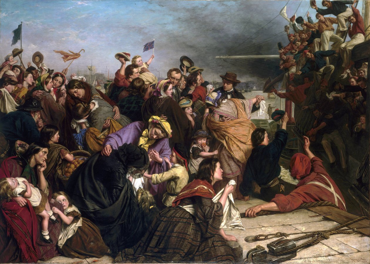 Adieu des immigrants, sur un quai de la Tamise (Angleterre), description de groupes de personnes de tous âges et classes sociales, ainsi que des marins en chemises rouges et bleues sur le bateau saluant la foule - Henry Nelson O