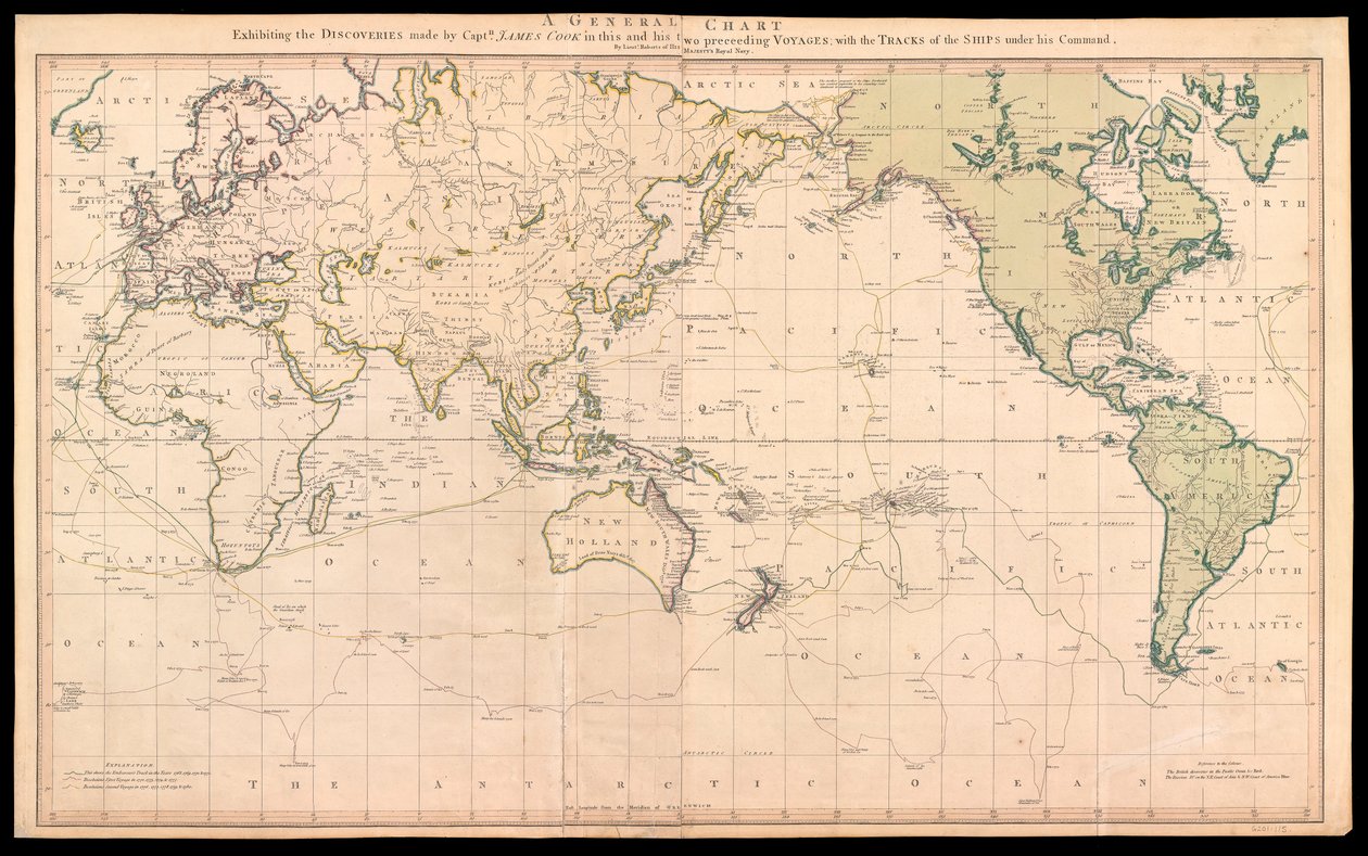 Carte générale présentant les découvertes faites par le capitaine James Cook lors de ce voyage et de ses deux précédents avec les routes des navires sous son commandement - Henry Roberts