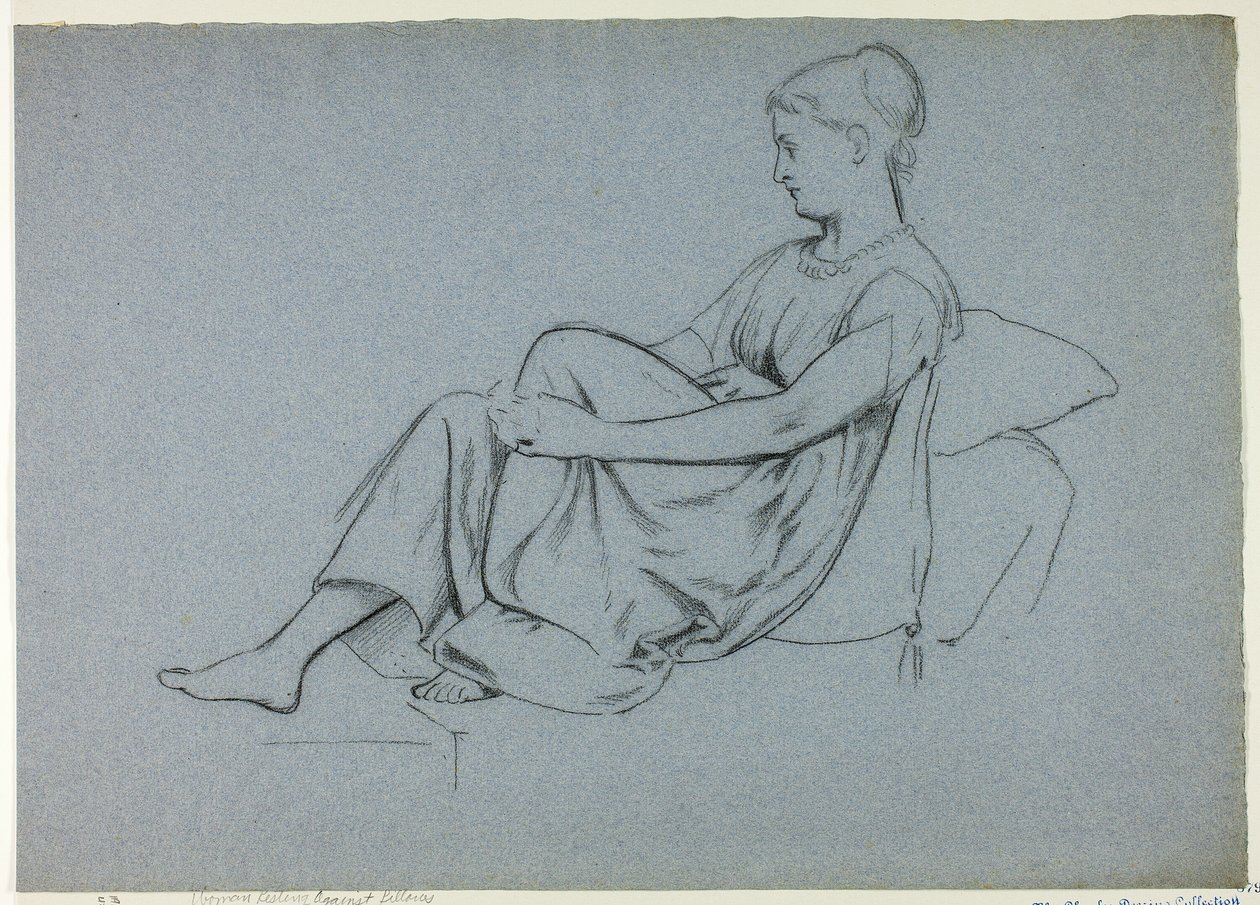 Femme se reposant sur des oreillers et se serrant le genou - Henry Stacy Marks