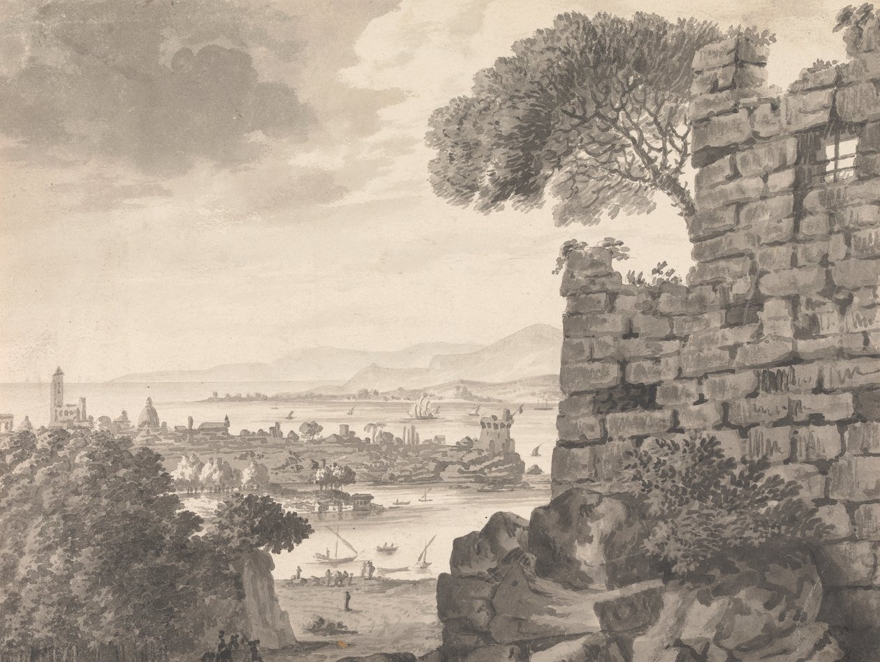 Paysage avec ruines au premier plan, port et village en arrière-plan - Henry Swinburne