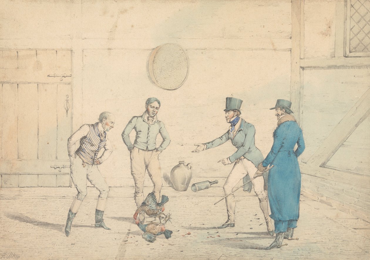 Un combat de coqs observé par quatre hommes dans une dépendance : Le combat, gravé comme planche 39 dans "The National Sports of Great Britain" - Henry Thomas Alken
