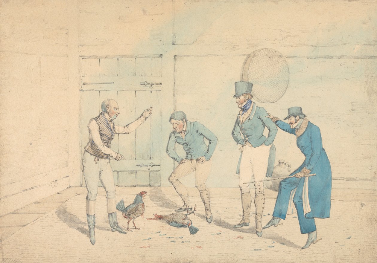 Un combat de coqs observé par quatre hommes dans une dépendance : La Mort, gravé comme planche 40 dans « The National Sports of Great Britain » - Henry Thomas Alken