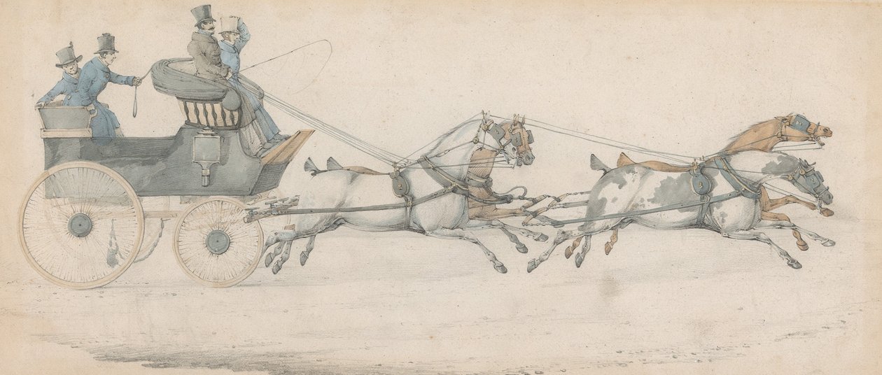 Un gentleman conduisant un attelage à quatre chevaux devant un phaéton postal, accompagné de trois palefreniers - Henry Thomas Alken