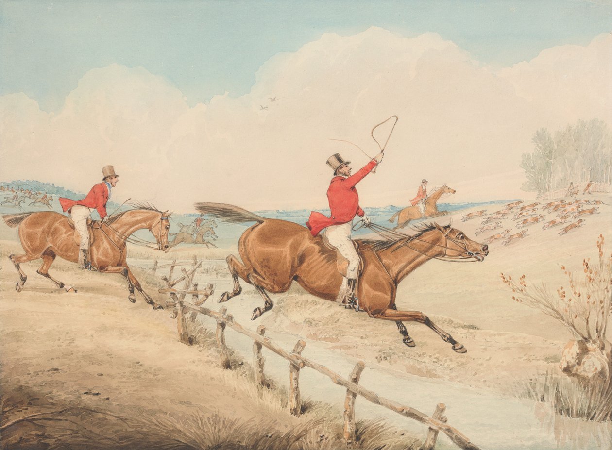 Sauter par-dessus une barrière basse et un ruisseau - Henry Thomas Alken