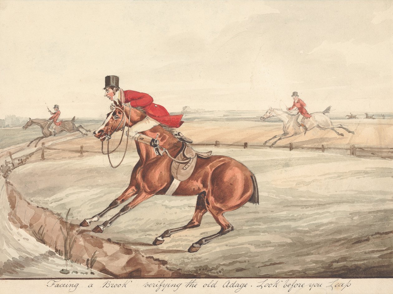 « Des chevaux expérimentés et des cavaliers inexpérimentés » : « Face à un ruisseau, on constate la justesse du vieil adage : "Regarde avant de sauter" » - Henry Thomas Alken