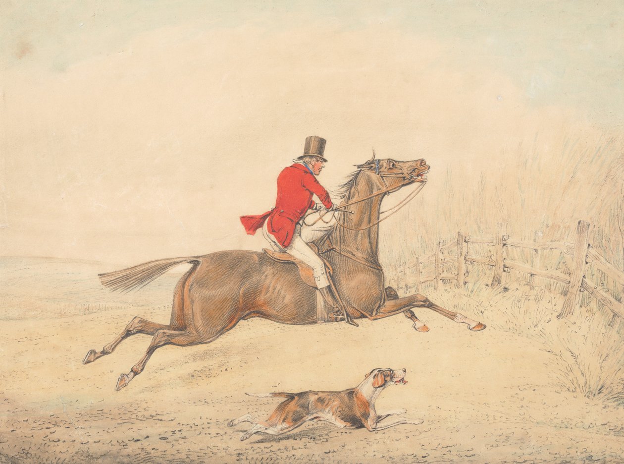 Cavalier sur un cheval brun sur le point de sauter une clôture vers la droite - Henry Thomas Alken