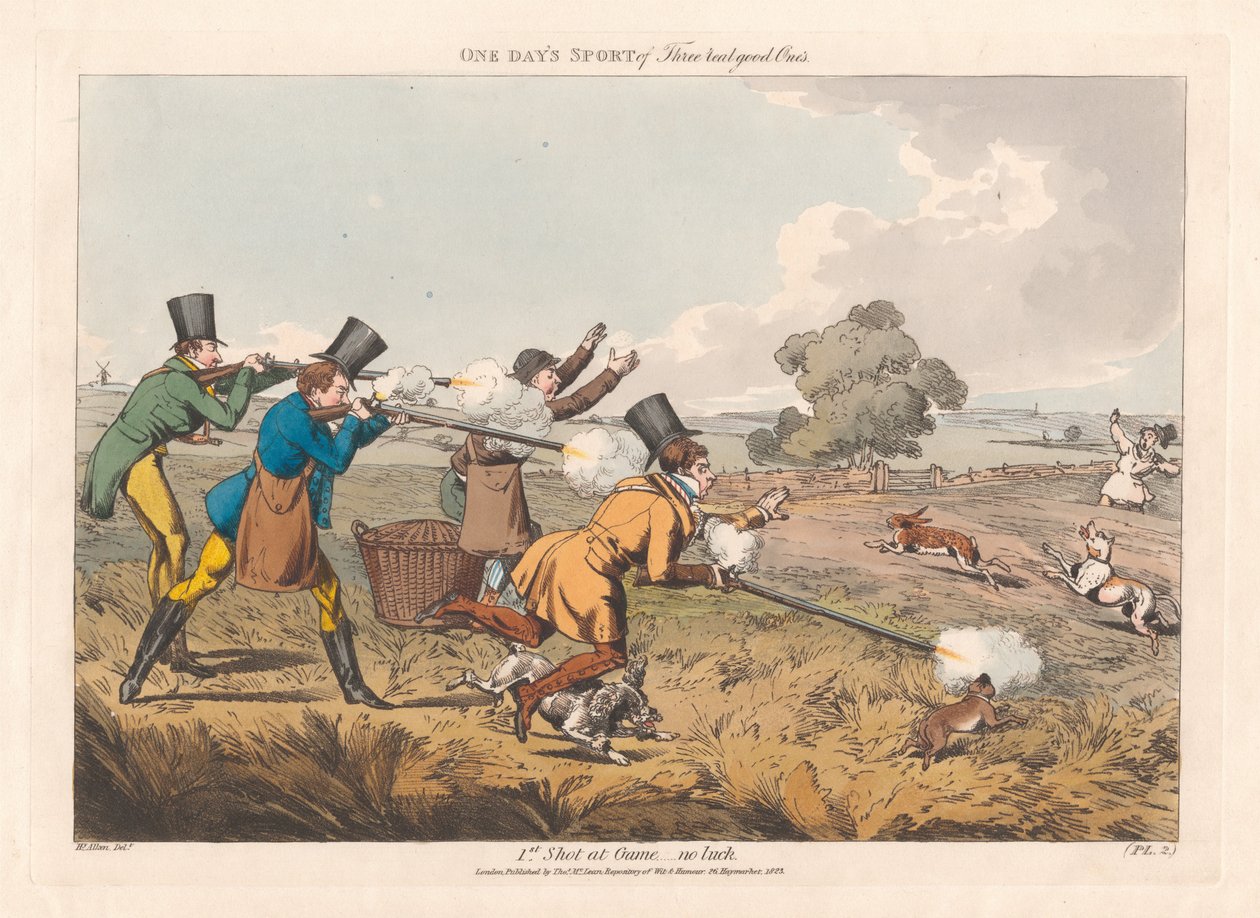 Lot de six exemplaires avec couverture imprimée et page de titre : « Shooting, ou Une journée de chasse entre trois vrais braves gars » - Henry Thomas Alken