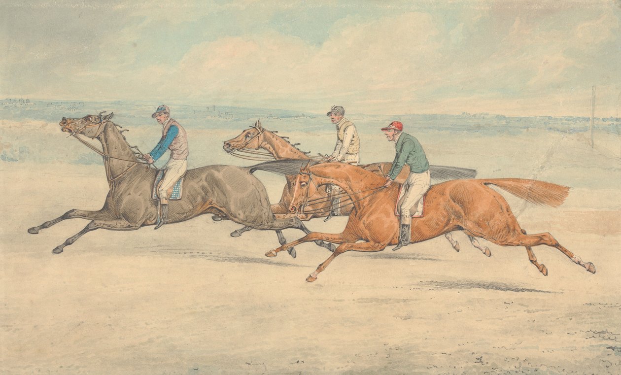 Trois chevaux de course montés par leurs jockeys, galopant en groupe vers la gauche - Henry Thomas Alken