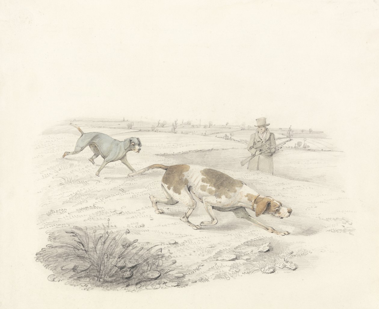 Deux pointeurs, face à droite avec un sportif - Henry Thomas Alken
