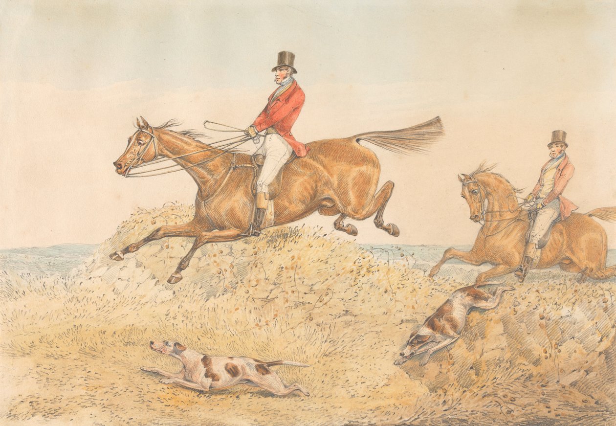 Deux cavaliers et une paire de chiens courants franchissant un mur - Henry Thomas Alken