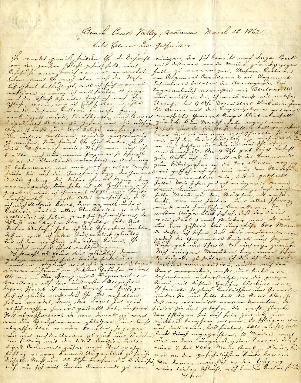 Lettre signée Henry [Henry Voelkner], Brush Creek Valley, Arkansas, à ses parents, frères et sœurs, 18 mars 1862 - Henry Voelkner