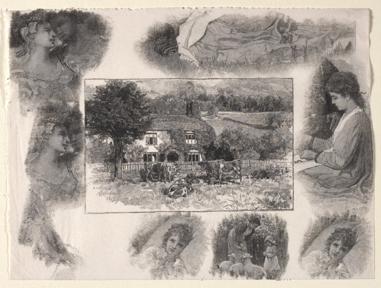 Paysage avec cottage et vaches entouré de divers croquis - Henry Wolf