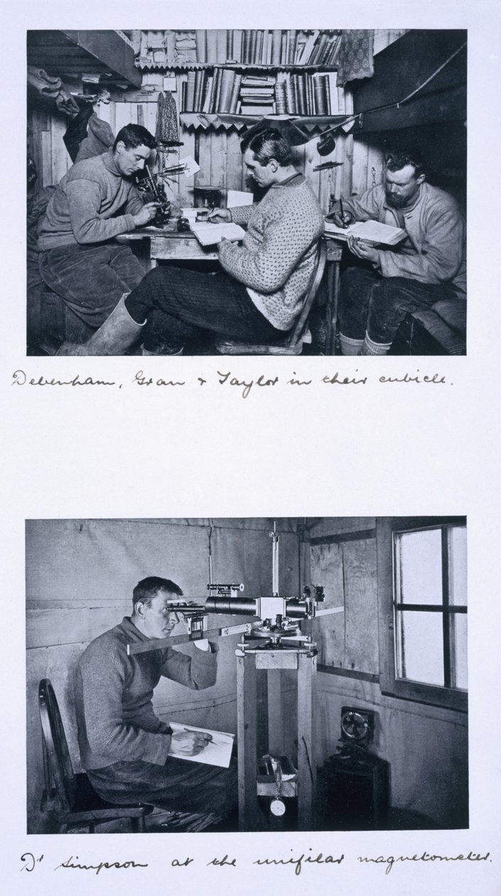 Haut : Debenham, Gran et Taylor dans leur cabine. Bas : Dr Simpson au magnétomètre unifilaire. Dernière expédition de Scott, voyage d
