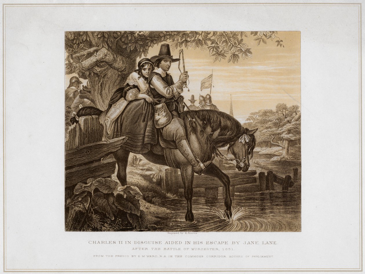 Charles II déguisé aidé dans sa fuite par Jane Lane...1651, 19e siècle - Herbert Bourne
