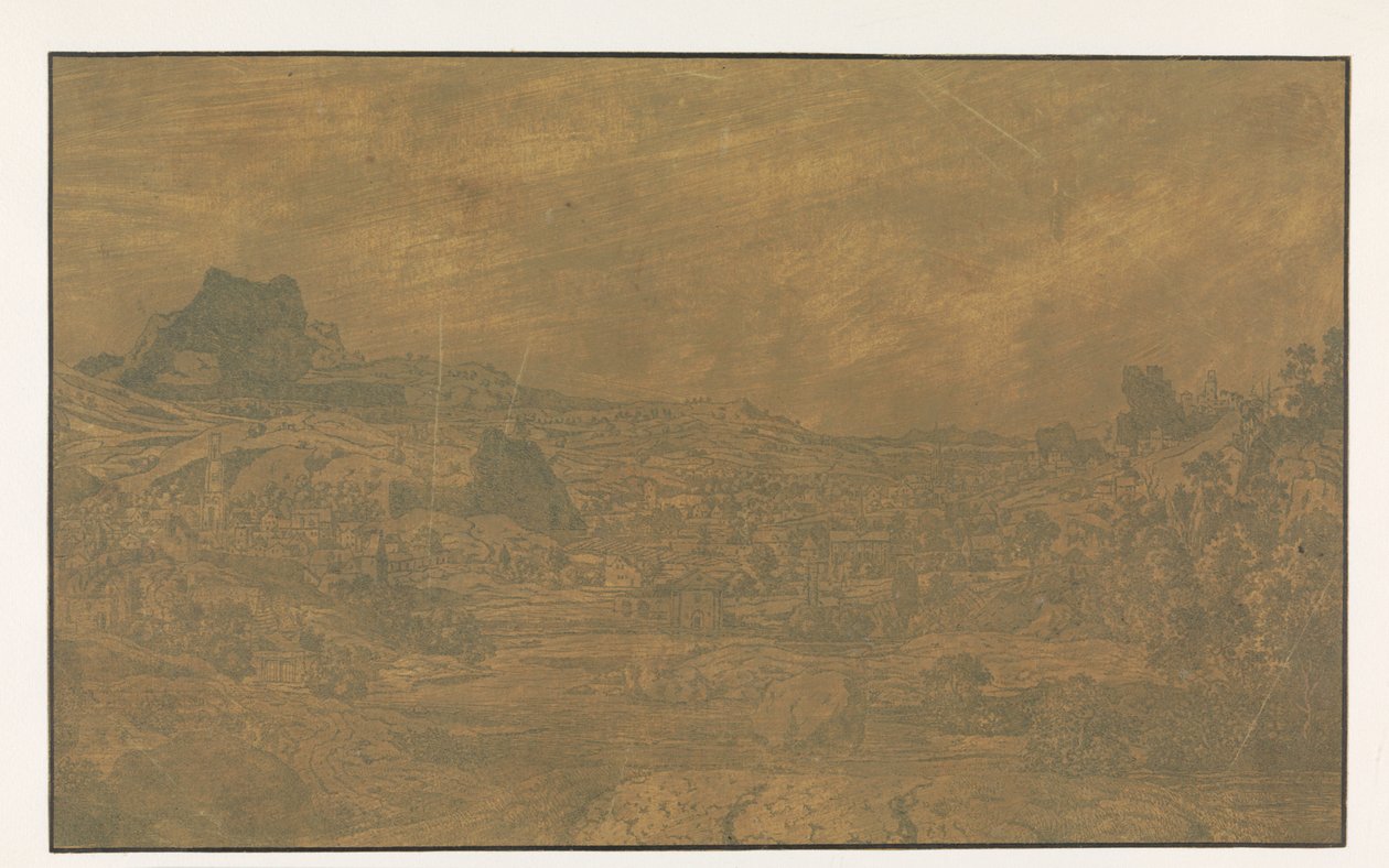 Vallée avec une rivière et une ville avec quatre tours - Hercules Segers