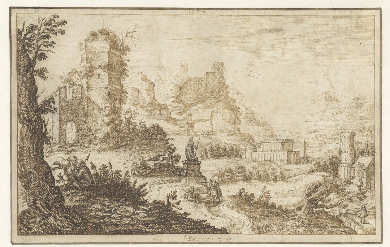 Paysage avec ruines et une statue - Herman Breckerveld