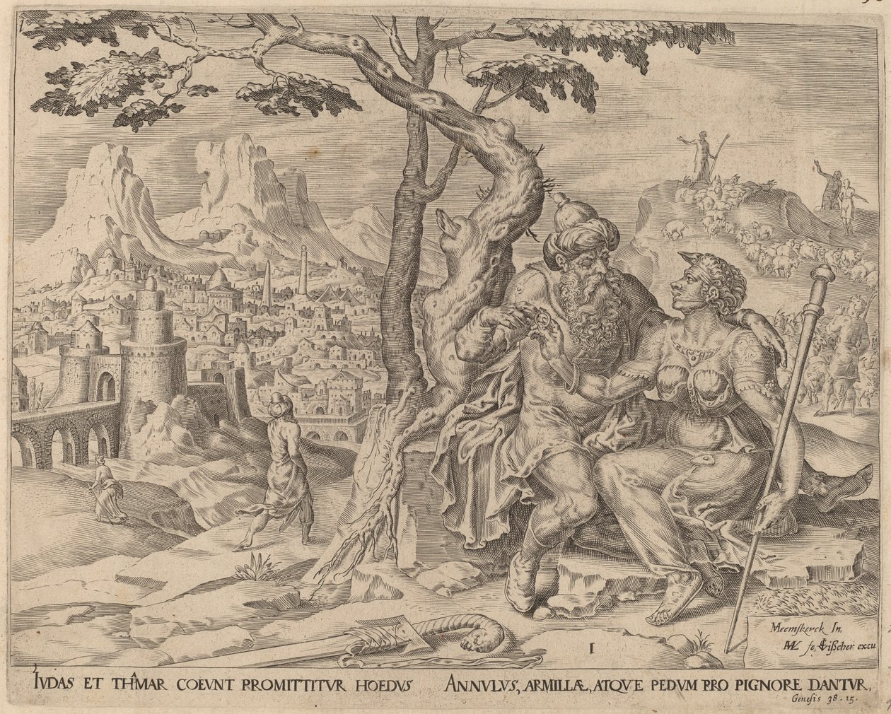 Juda donnant le gage à Tamar - Herman Jansz Muller after Maerten van Heemskerck