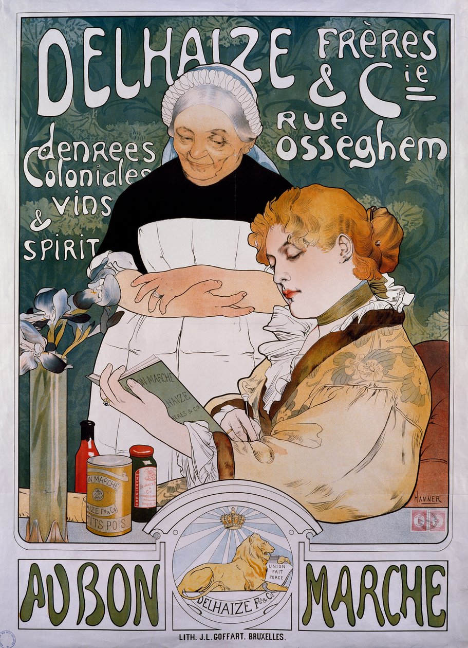 Dame et servante, affiche pour la société Delhaize Frères et Cie au bon marché - Herman Richir