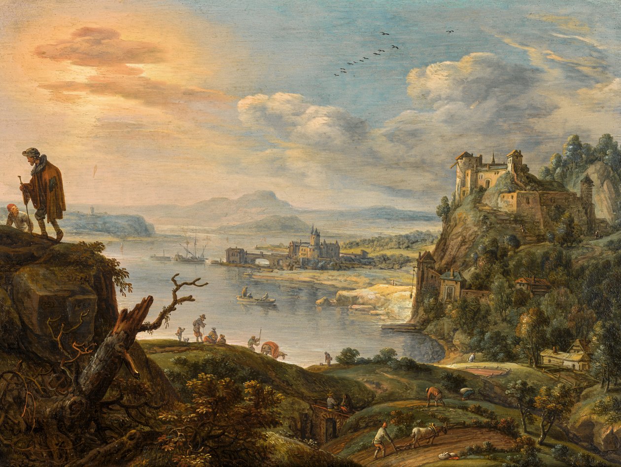 Un vaste paysage de montagne avec vue sur une vallée fluviale - Herman Saftleven