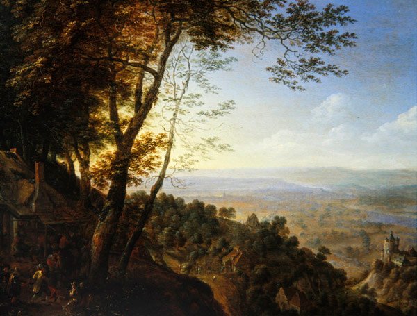 Paysage boisé avec paysans près d