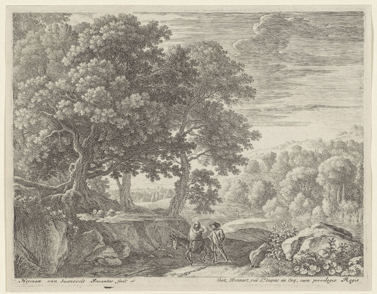 Sainte famille avec un âne et des chérubins - Herman van Swanevelt