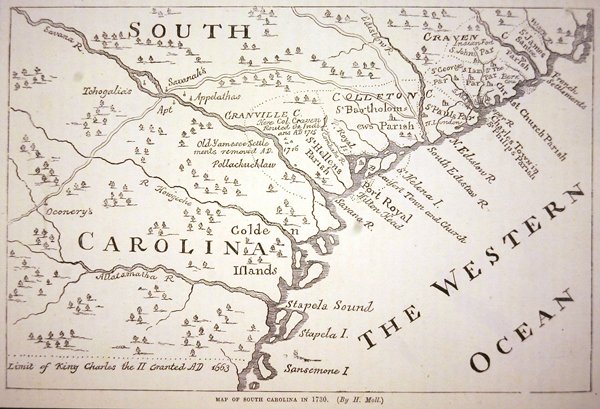 Carte de la Caroline du Sud en 1730 (lithographie) - Hermann (after) Moll