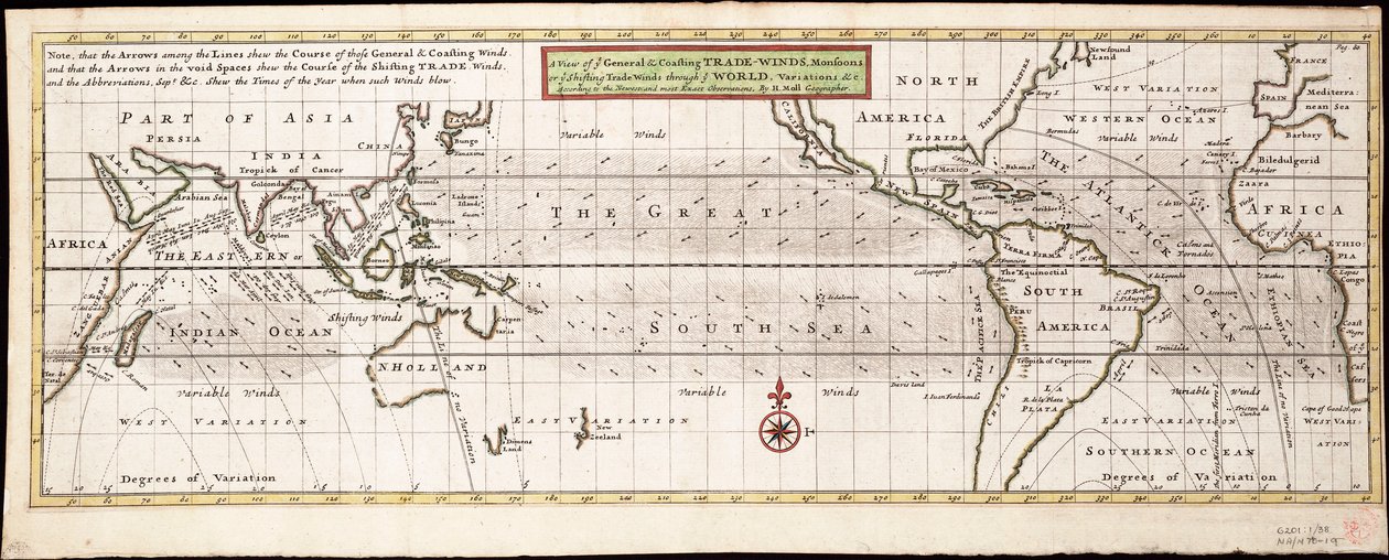Vue des vents commerciaux généraux et côtiers, des moussons ou des vents commerciaux changeants à travers le monde, variations... selon les observations les plus récentes et les plus exactes, vers 1715 - Hermann Moll