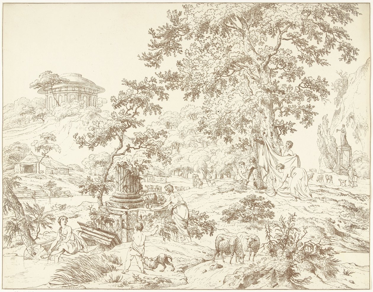 Paysage arcadien avec femme se baignant les pieds - Hermanus Fock