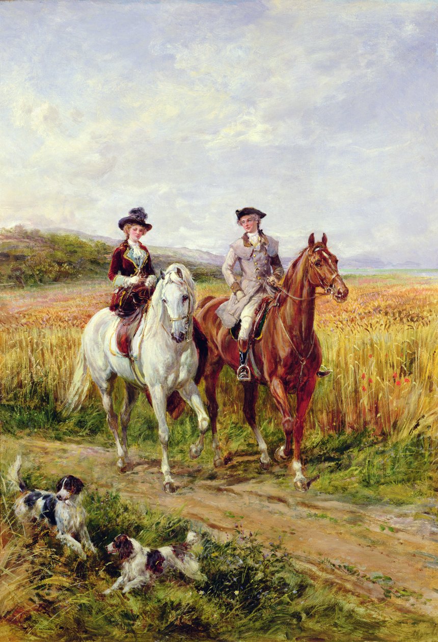 Couple à cheval avec leurs chiens - Heywood Hardy
