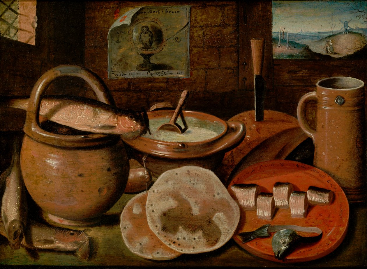 Hollandais : Nature morte avec poterie, hareng et crêpes ; à droite, vue sur un couple dans un paysage avec potence et moulin Nature morte avec un repas de pauvre composé de bouillie, fromage, hareng et crêpes - Hieronymous Francken II