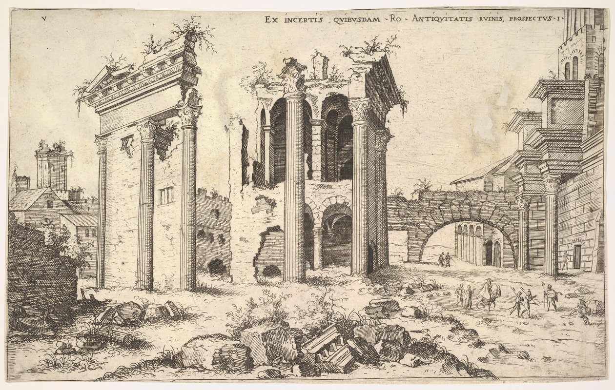 Vue de ruines non identifiées avec une façade à architrave à gauche, des arcades au centre et une arche à droite - Hieronymus Cock