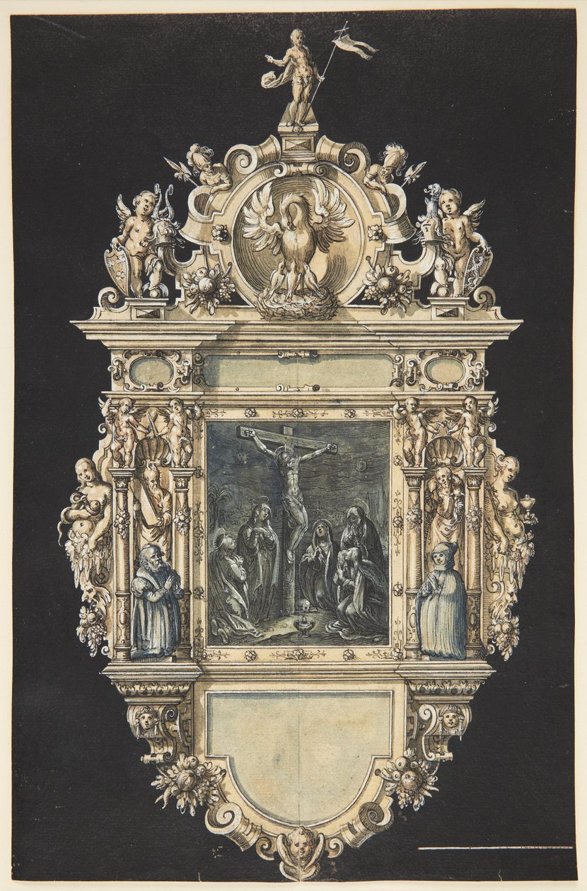 Esquisse pour un épitaphe avec la crucifixion du Christ. Un cadre richement orné avec de nombreuses figures - Hieronymus Wierix