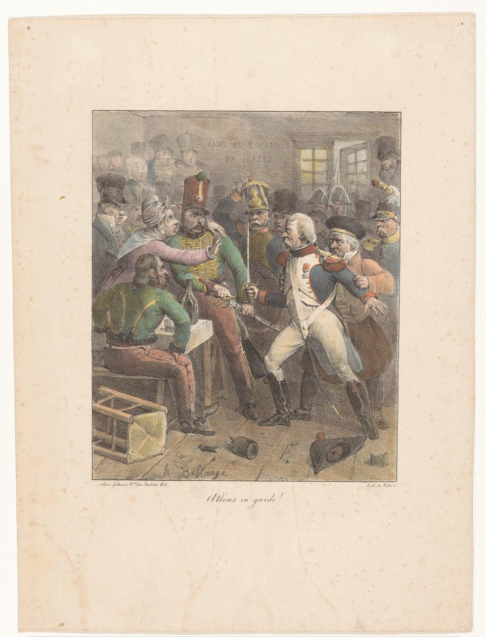 Deux soldats croisant les épées dans une taverne (Allons en garde!, Lithografische schetsen, Croquis lithographiques) - Hippolyte Bellange