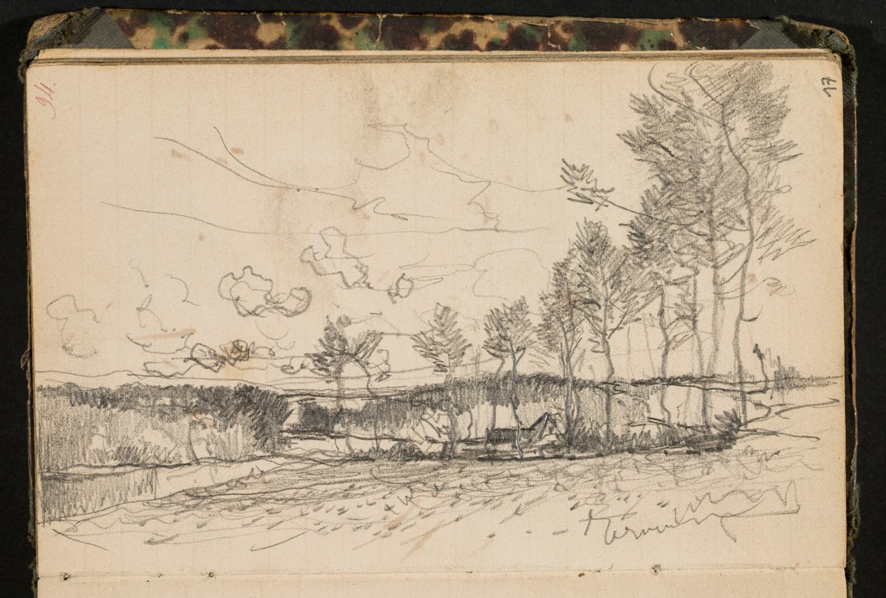 Paysage avec des arbres et une ferme (page tirée d