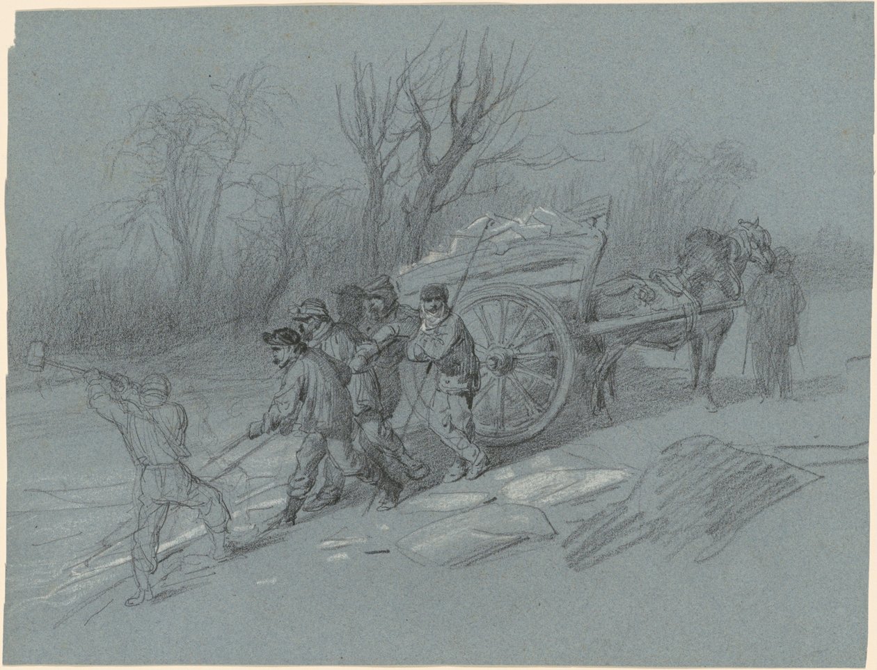 Ouvriers ramassant de la glace au bord de l