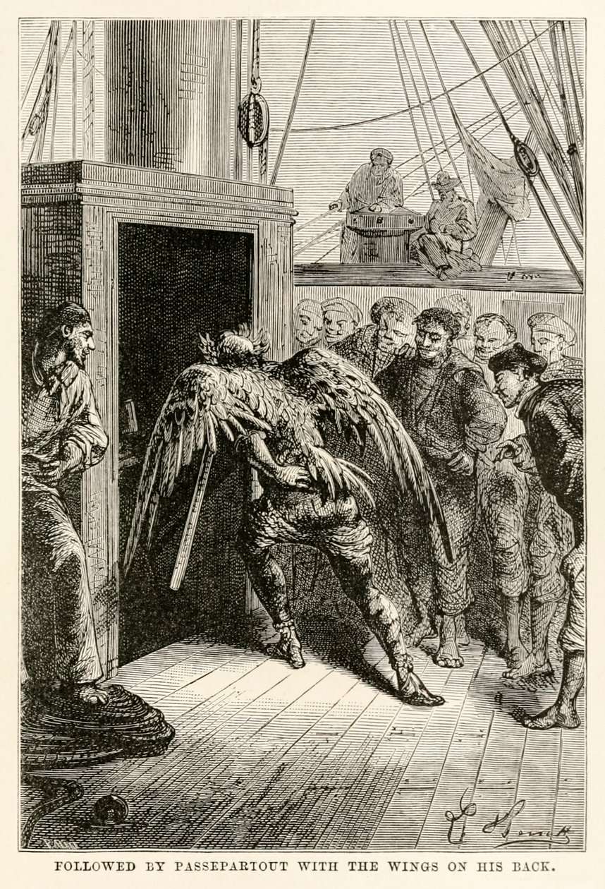 Suivi de Passepartout avec les ailes sur le dos, de Le Tour du Monde en Quatre-vingts Jours par Jules Verne (1828-1905), gravé par Adolphe François Pannemaker (1822-1900), 1873 - Hippolyte Leon after Benett