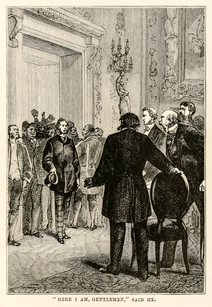 Me voici messieurs, dit-il, de Le Tour du Monde en Quatre-vingts Jours par Jules Verne (1828-1905) gravé par Henri-Théophile Hildebrand (1824-97), 1873 - Hippolyte Leon after Benett