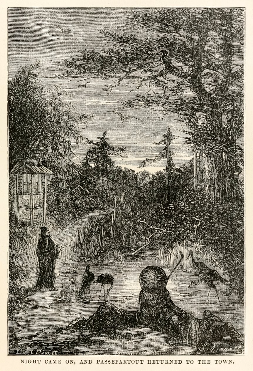La nuit tomba, et Passepartout retourna en ville, de Le Tour du Monde en Quatre-vingts Jours par Jules Verne (1828-1905), gravé par Louis Prevost, 1873 - Hippolyte Leon after Benett