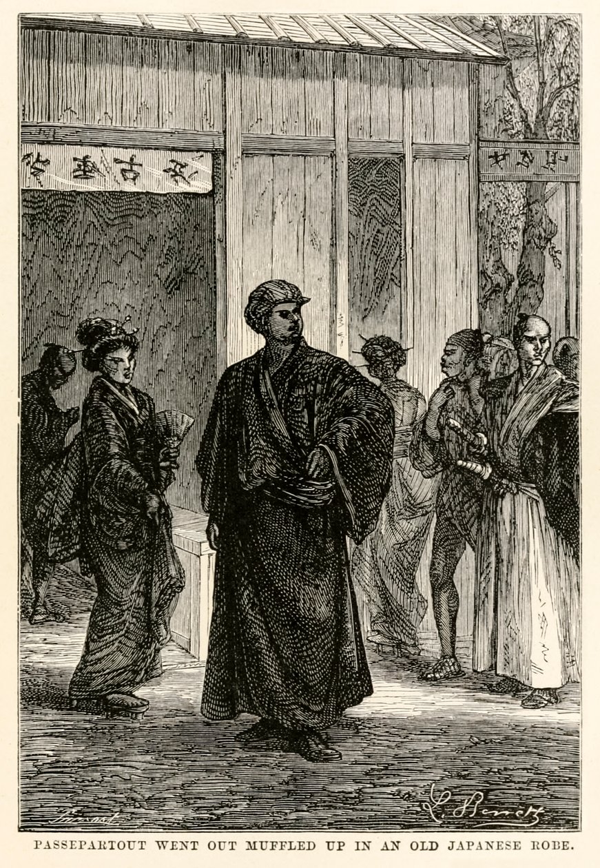 Passepartout sortit emmitouflé dans une vieille robe japonaise, de Le Tour du Monde en Quatre-vingts Jours par Jules Verne (1828-1905), gravé par Louis Prevost, 1873 - Hippolyte Leon after Benett